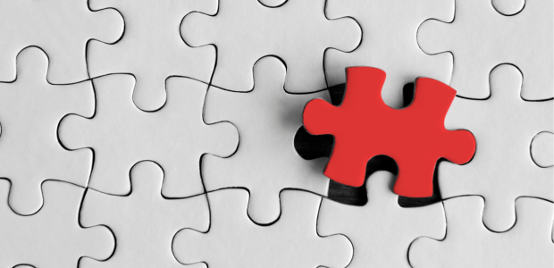 a red puzzle piece being put into a white fully formed puzzle