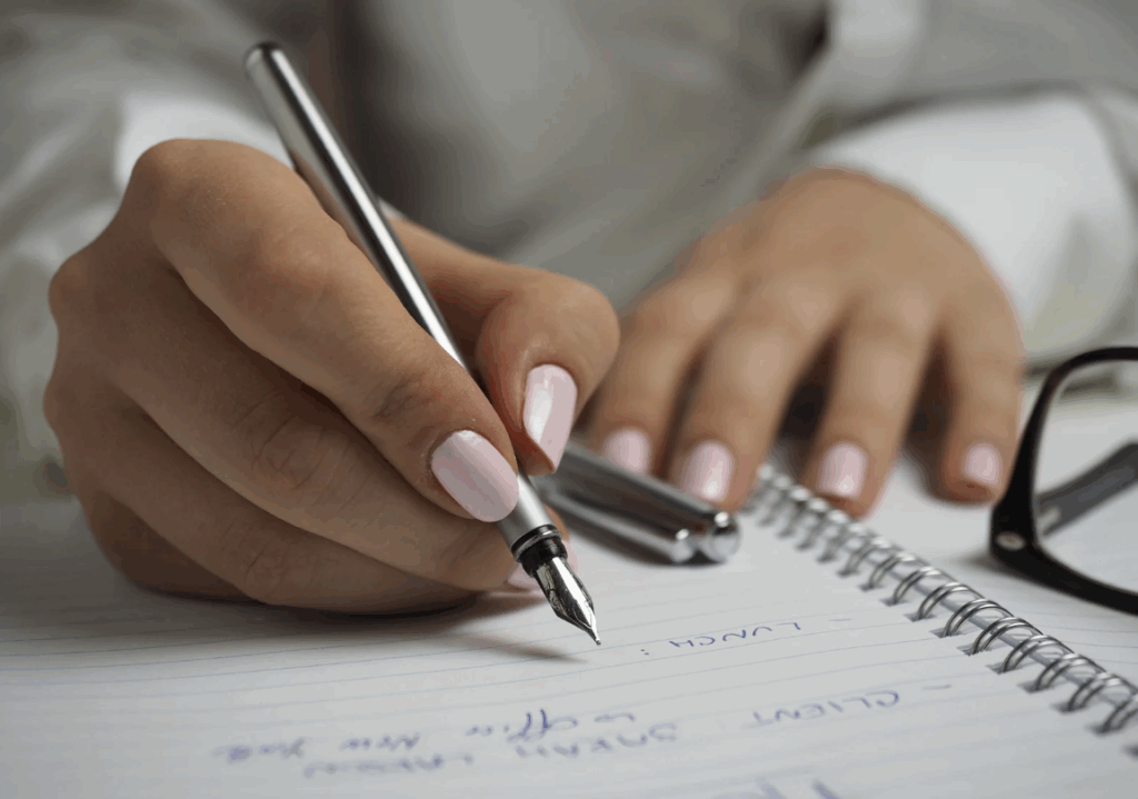 Woman holds a pen working on safety plannin